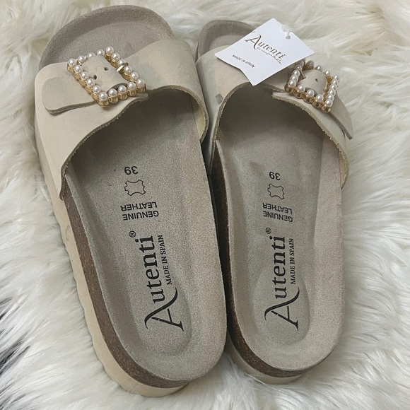 Women's Beige Leather Mules with Pearl Buckle - Picture 1 of 9